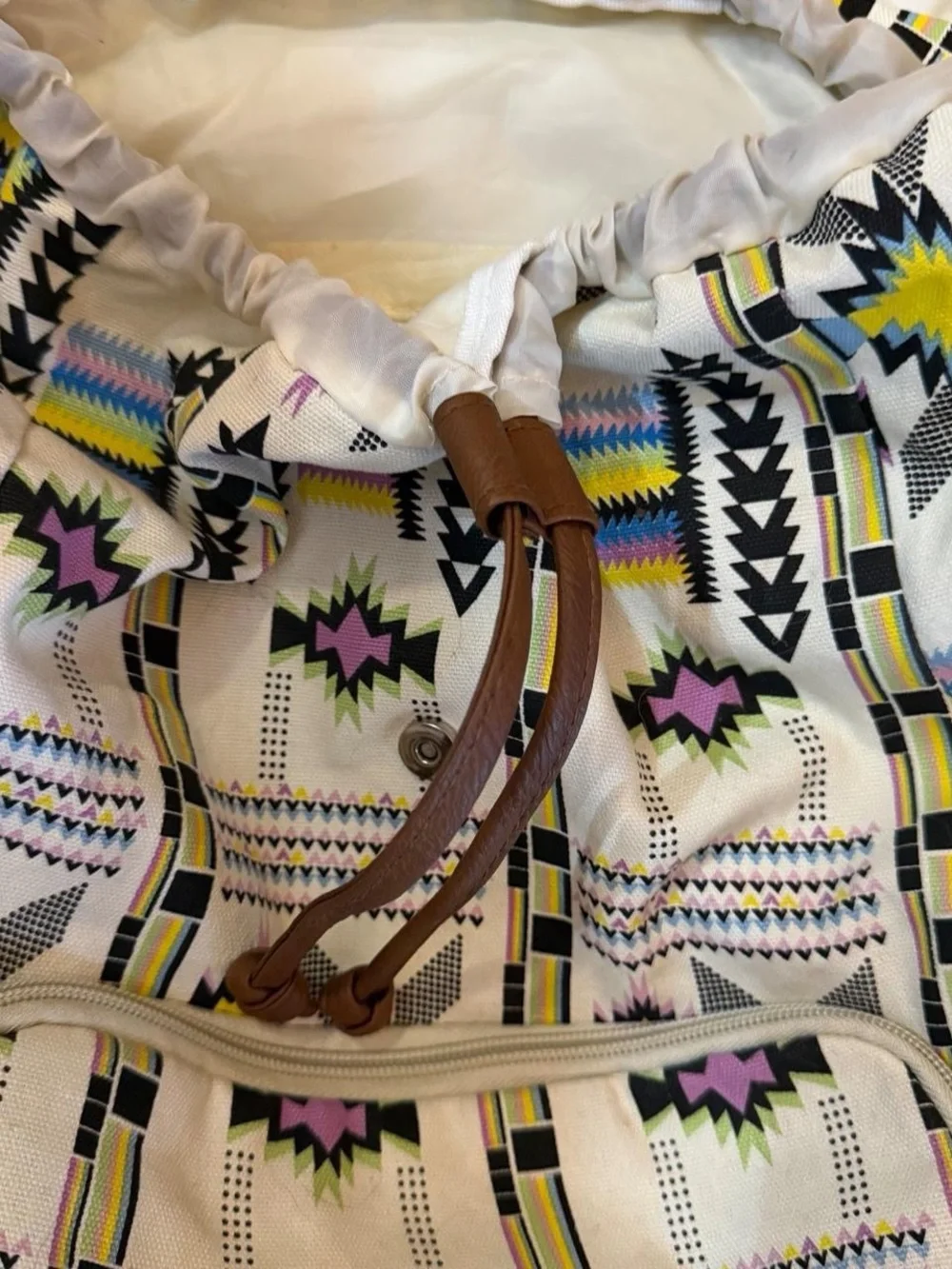 Patterned Canvas Backpack with Brown Trim - Cream Multicolor